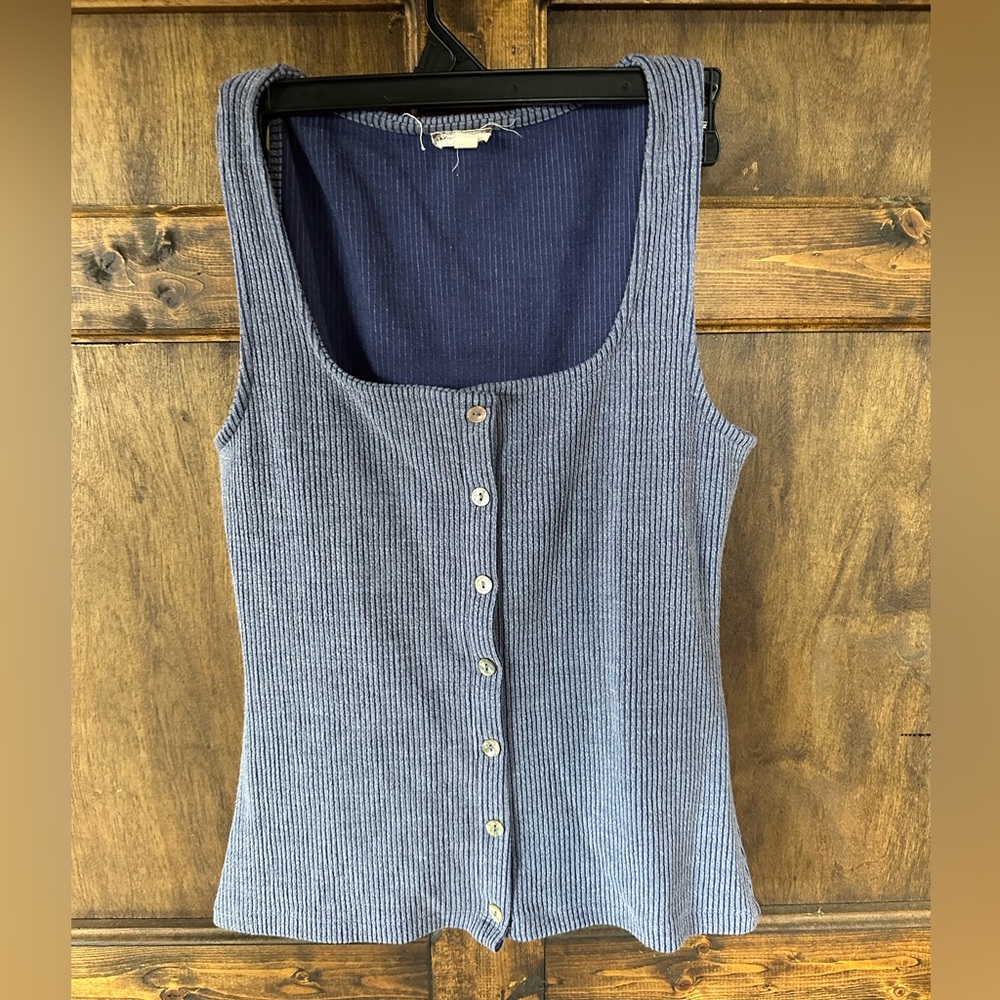 Blue Ribbed Button-Down Tank Top